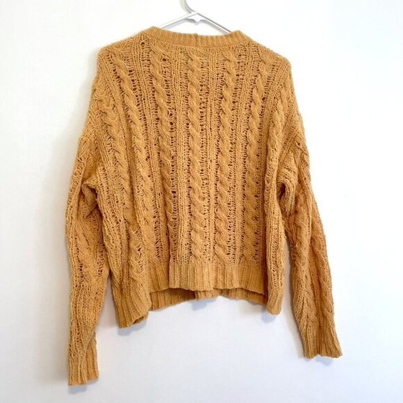 AMERICAN EAGLE Impossibly Soft Cable Knit Chenille Sweater Solid Mustard Yellow - Picture 12 of 16